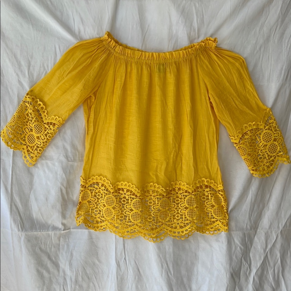 Yellow Off-Shoulder Lace Trim Top